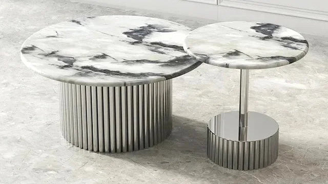 Marble duo center coffee tables with grey veining and chrome fluted cylindrical bases