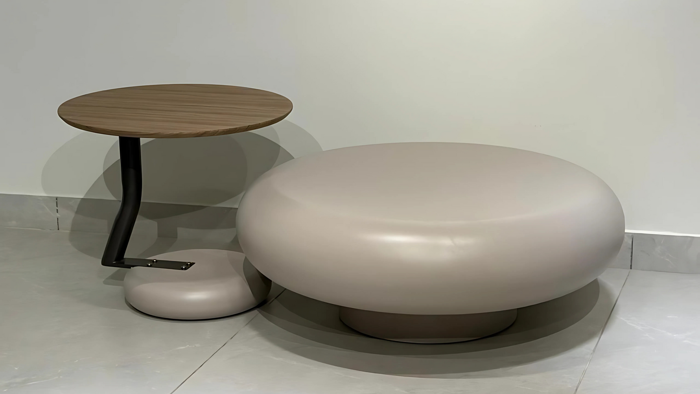 Taupe sculptural luxury center table with floating walnut wood top