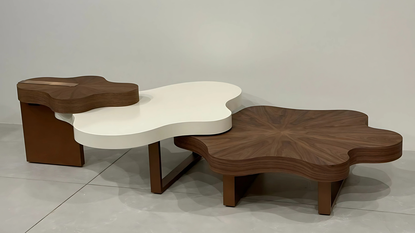 Triple-tier abstract center coffee table in walnut wood and ivory white lacquer