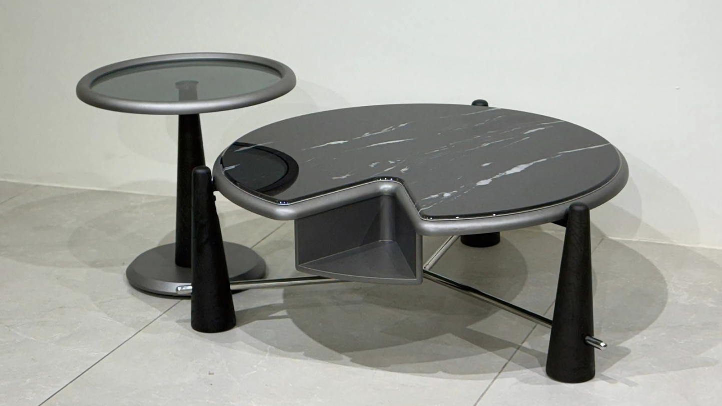 Grey veined marble and black metal designer square center coffee table set – TAS Living