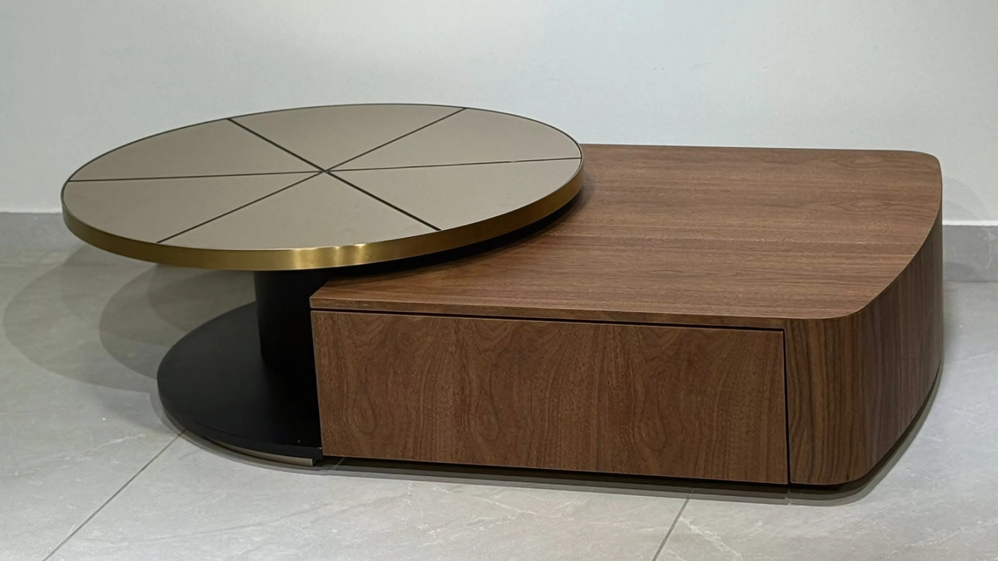 Luxury walnut and gold rotating designer center table with dual-level modern silhouette