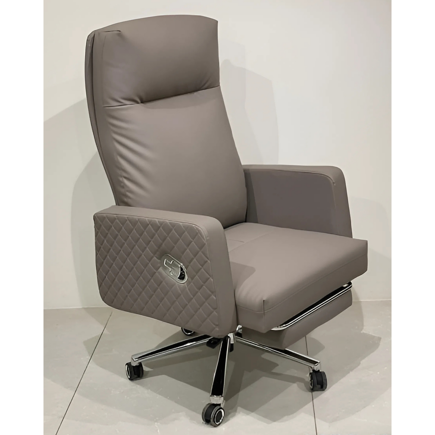 A gray upholstered office chair with a high back, armrests, and a five-point wheeled base.