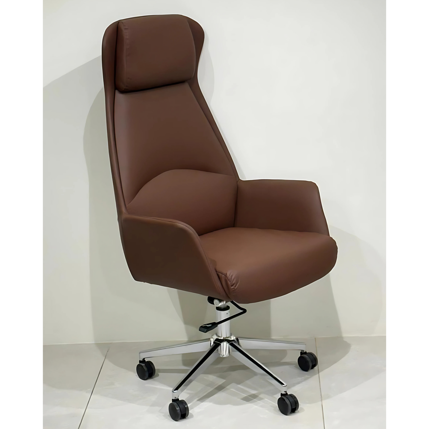 A brown leather office chair with a high back, headrest, and armrests on a five-point wheeled base.