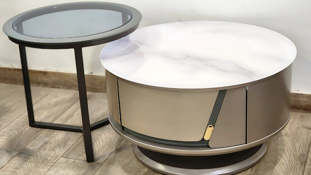 Luxury Round Marble Storage Center Coffee Table with Glass Accent