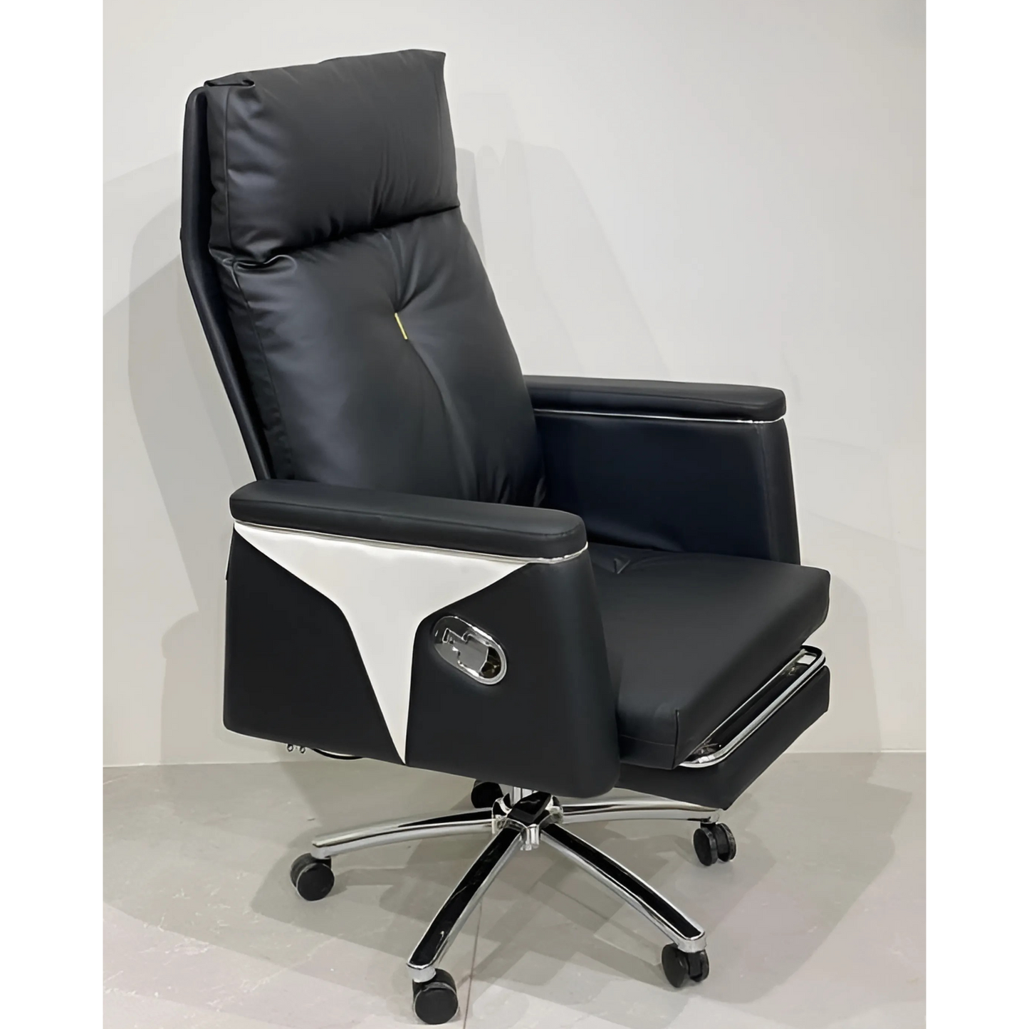 A black office chair with a high back, armrests, and a five-point chrome base.