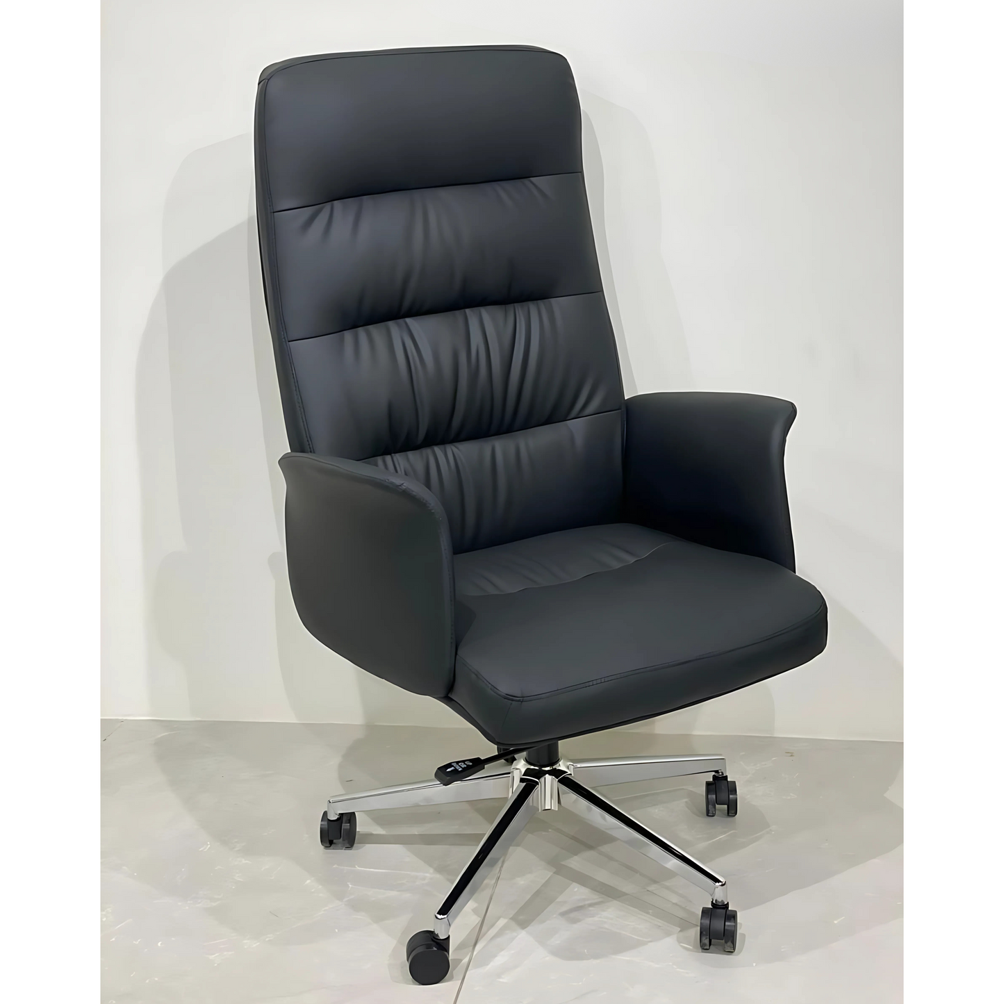 A black office chair with a high back, upholstered in leather, with an adjustable height mechanism and five-point star base with casters.