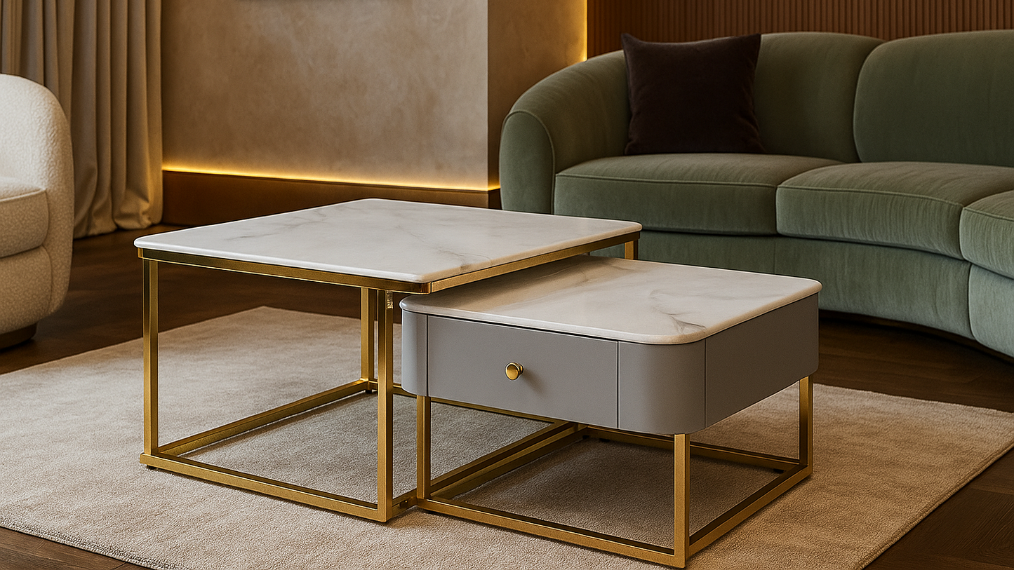 Square white marble and gold nesting center coffee table with grey drawer – TAS Living