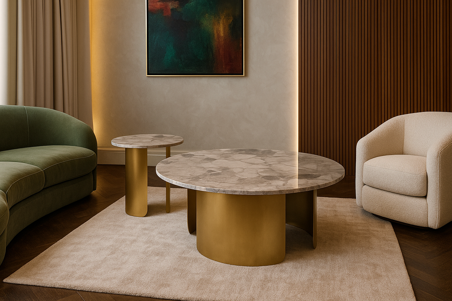 Luxury Round Gold Marble Center Coffee Table Set with Dual Design