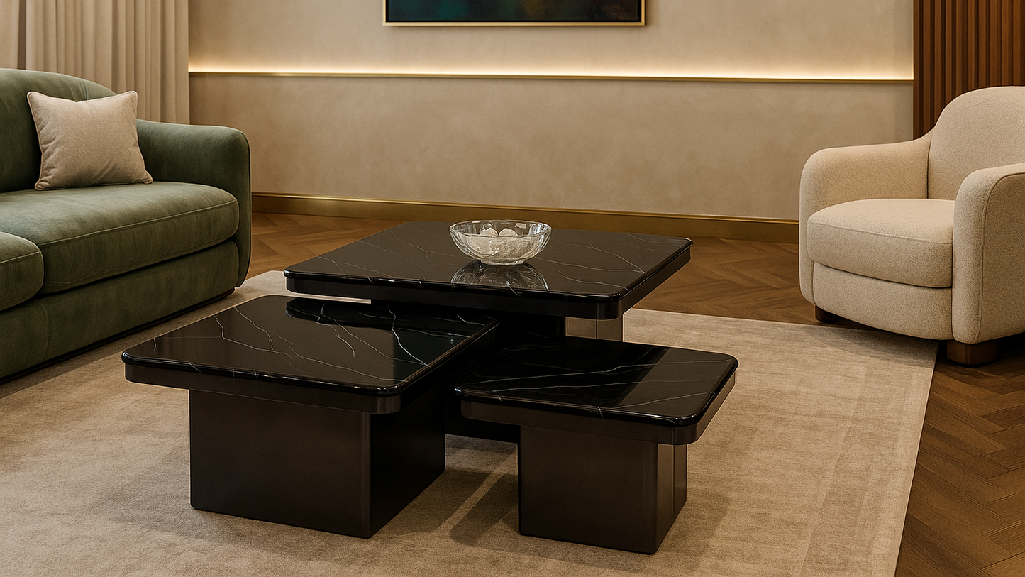 Set of three luxury black marble center coffee tables with white veining and cubic black bases in nesting form