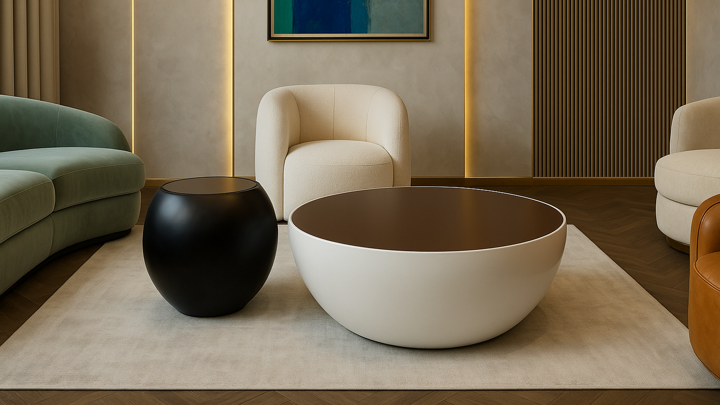luxury marble center table with dark base and metallic detailing in Art Deco style