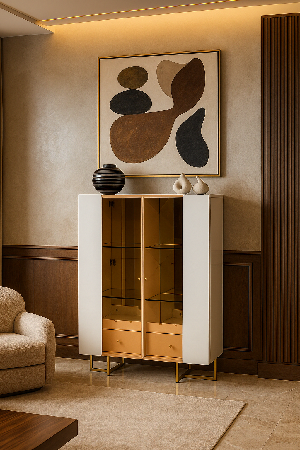 Luxury white and gold display cabinet with tinted glass doors and storage drawers