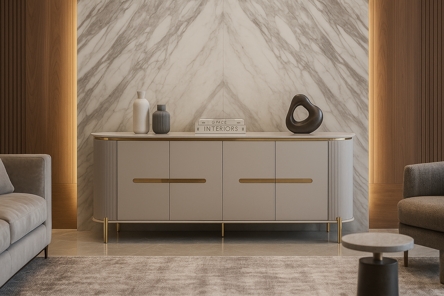 Modern living room with a stylish Chester against a marble wall.