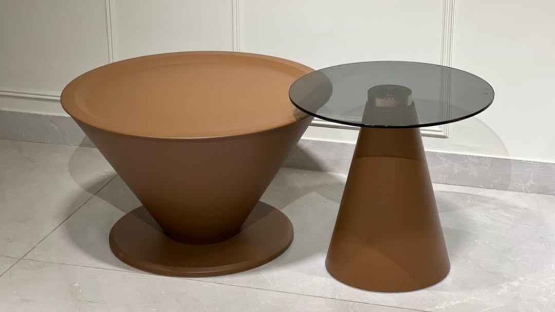 Luxury modern center coffee table with dual-tone conical base and glass top