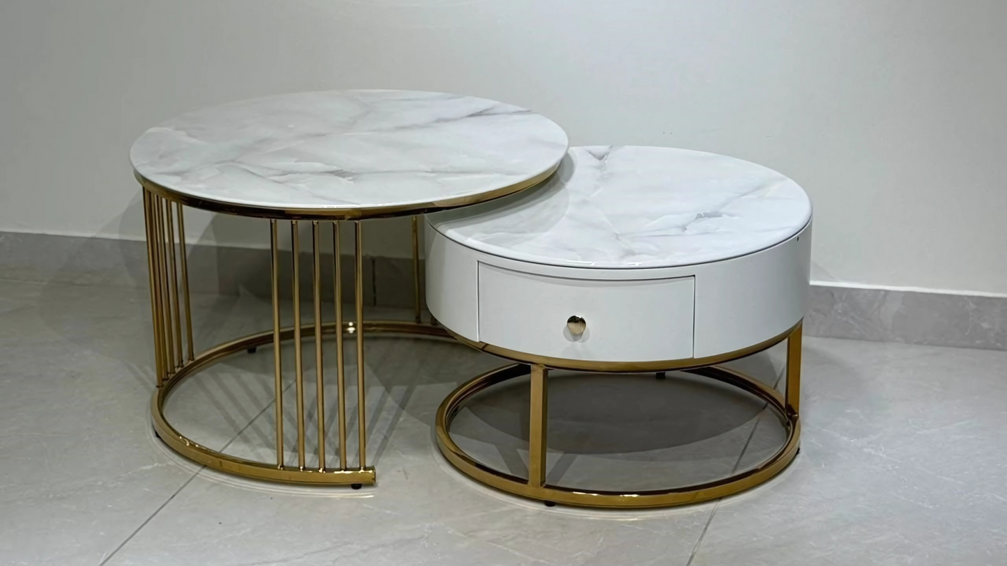 White round marble center table set with gold base and fluted drawer — TAS Living