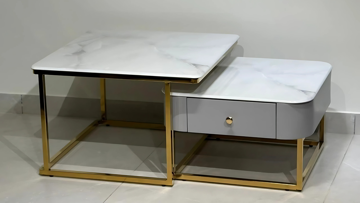 Square white marble and gold nesting center coffee table with grey drawer – TAS Living