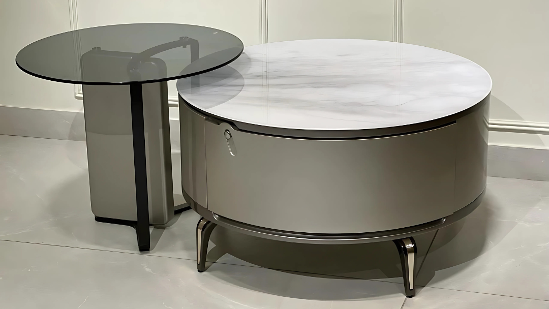 Luxury white marble and glass nesting coffee table set for elegant interiors.