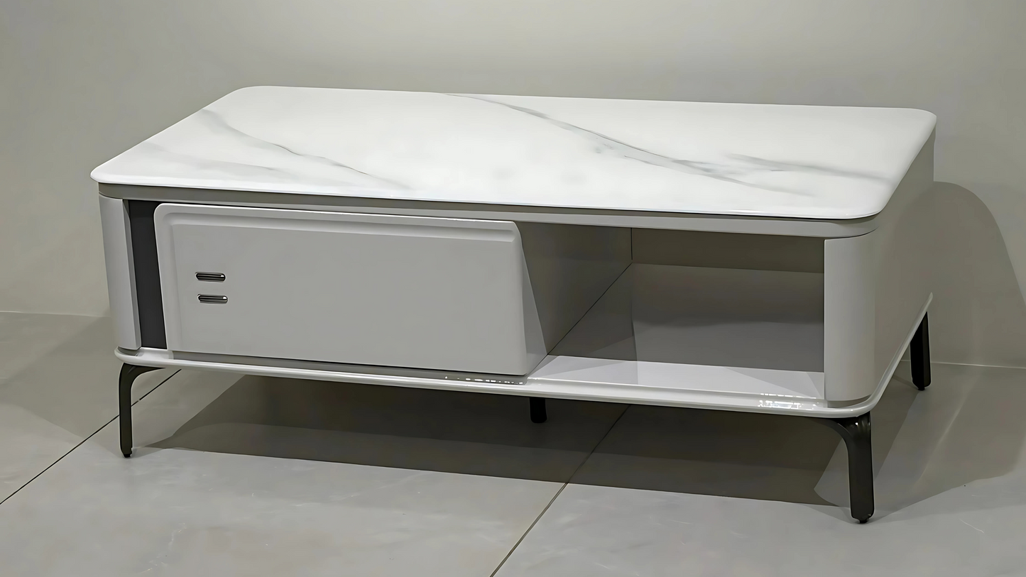 Minimalist white marble top center table with soft-edge matte body and dual storage