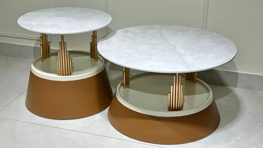 Luxury white marble and gold dual-tier center coffee table with modern design