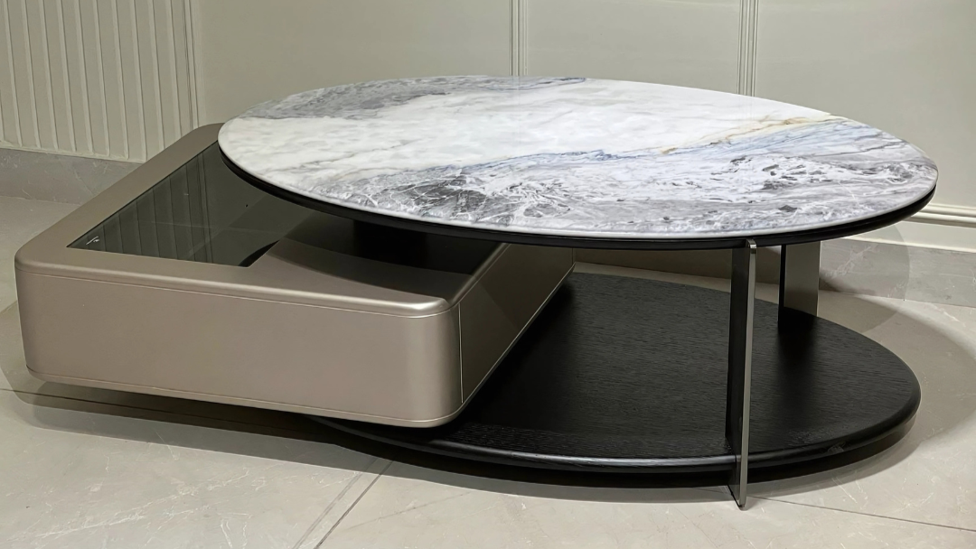 Luxury marble and glass center coffee table with dual-tier design in monochrome finish.