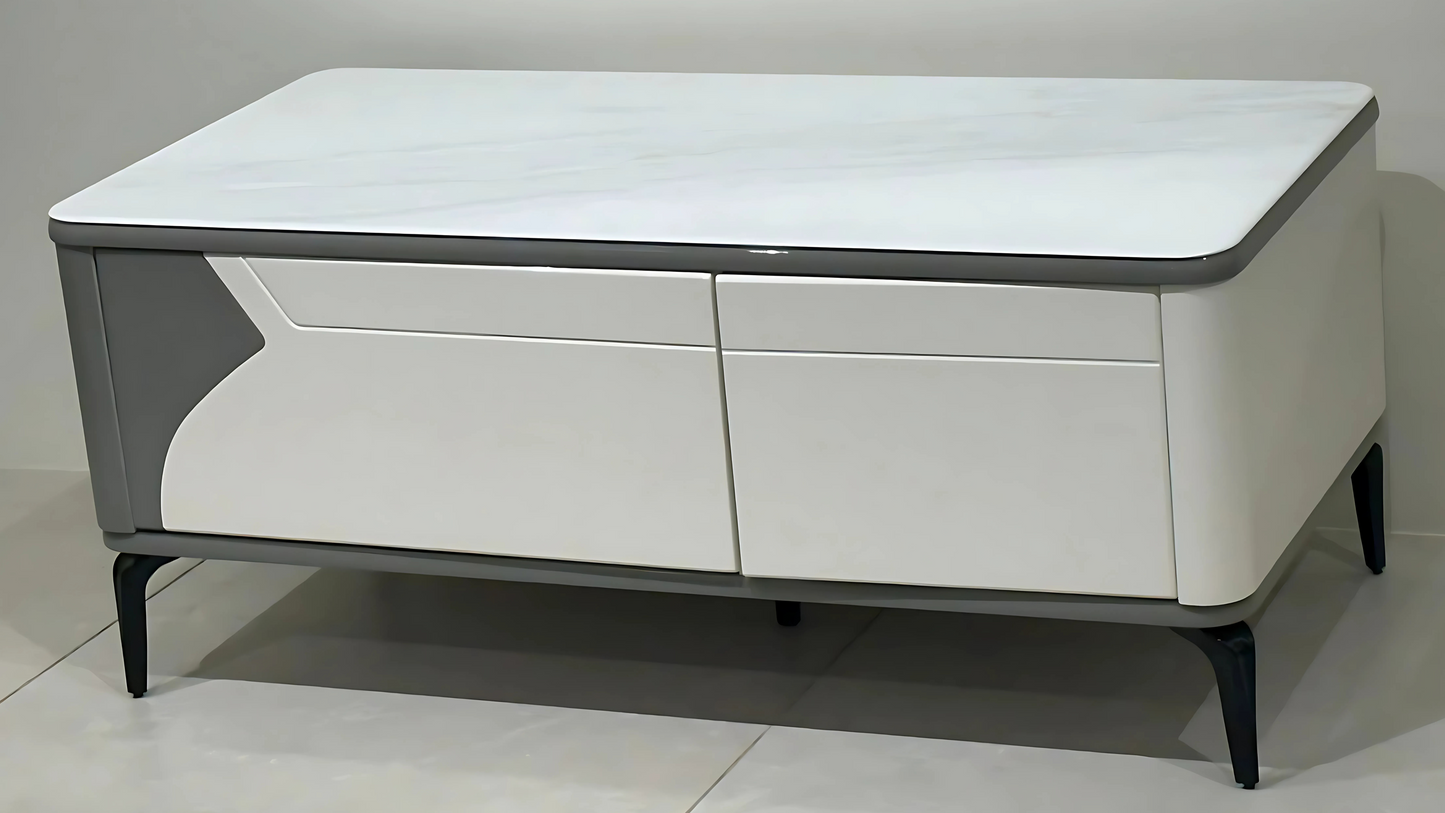 White center table with marble-look top and floral motif drawer on dark metal legs