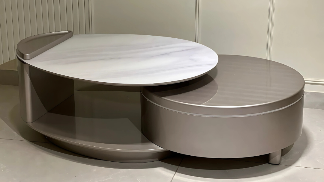 Contemporary dual-tone modular marble coffee table with integrated storage.
