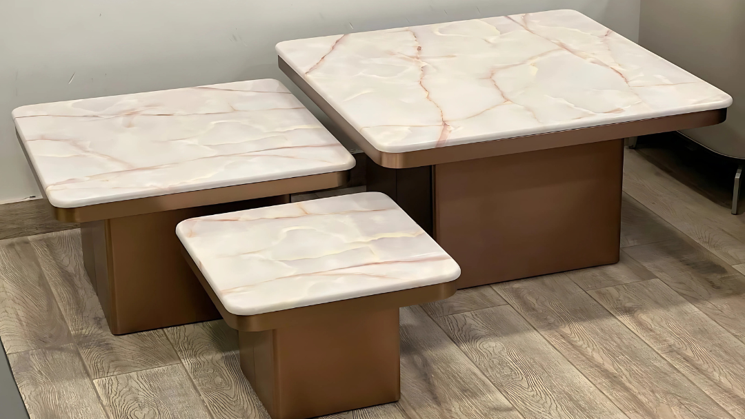 Luxury 3-piece center coffee table set with beige veined tops and bronze pedestal bases