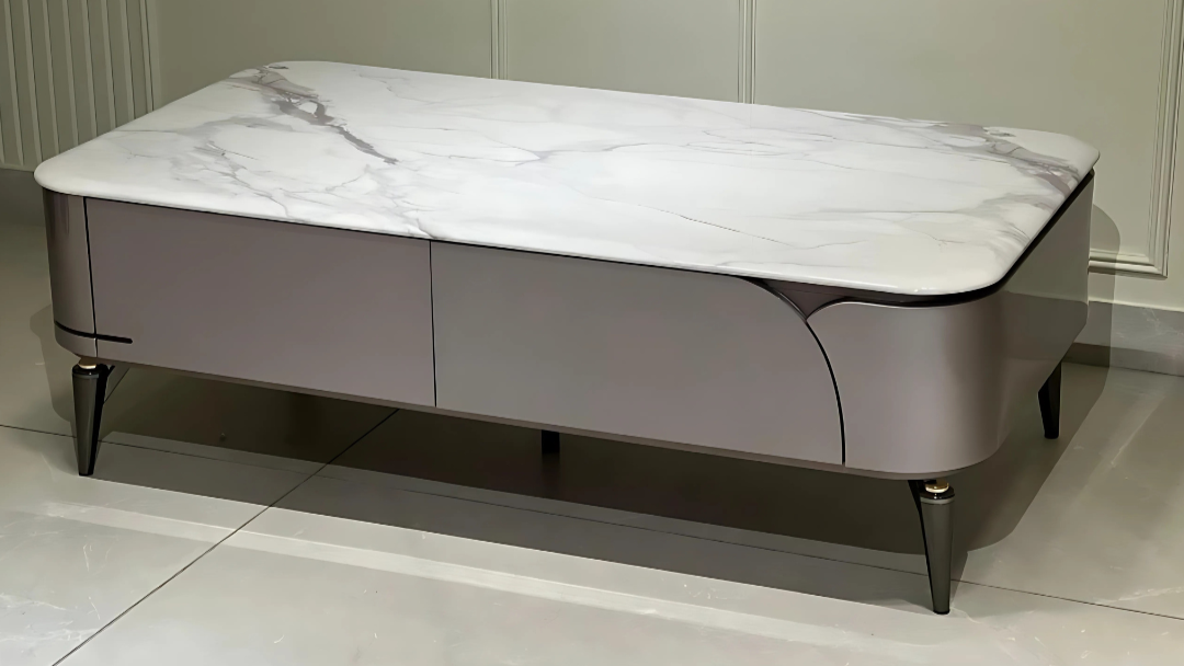 Luxury marble-top storage center coffee table in soft beige tones.