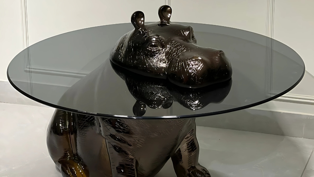 Bronze hippo sculpture base center coffee table with smoked glass top – Hippo Mirage by TAS Living