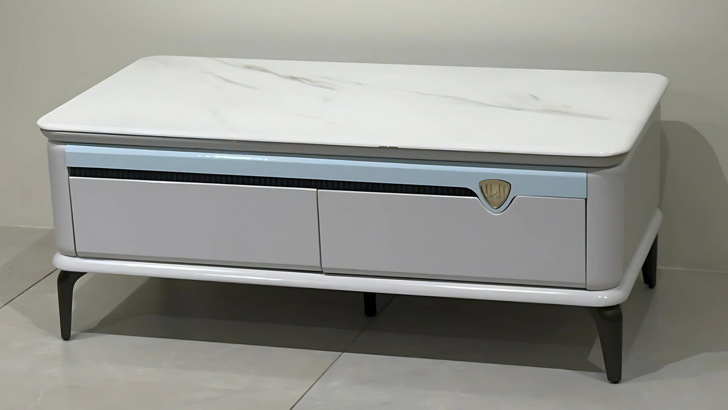 White center coffee table with leaf carving and marble top in luxury finish