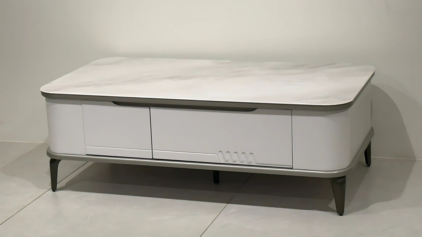 Modern white center coffee table with ripple accent and marble-style top by TAS Living