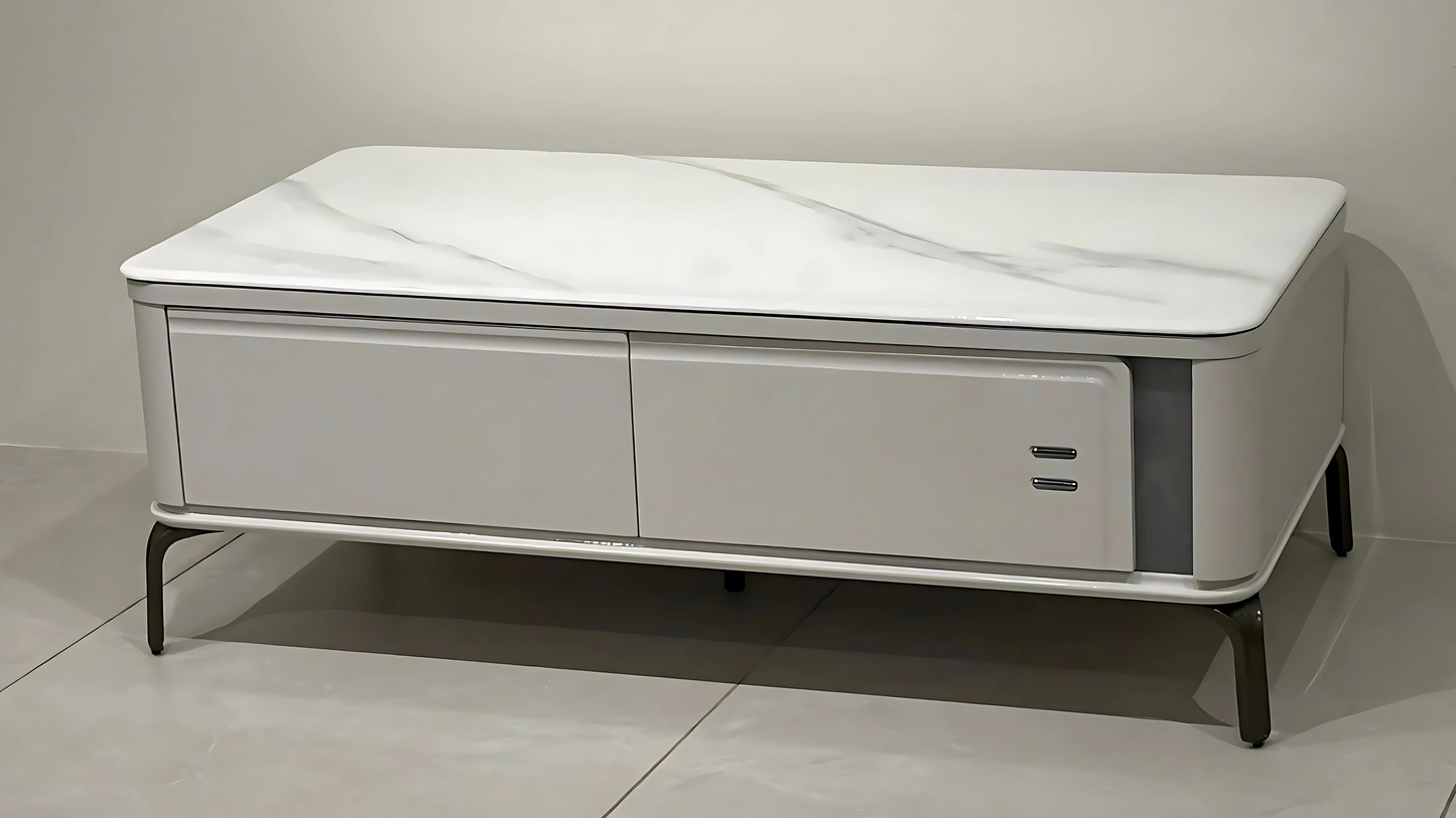 Contemporary white and grey center coffee table with marble-finish top and designer matte body on bronze legs