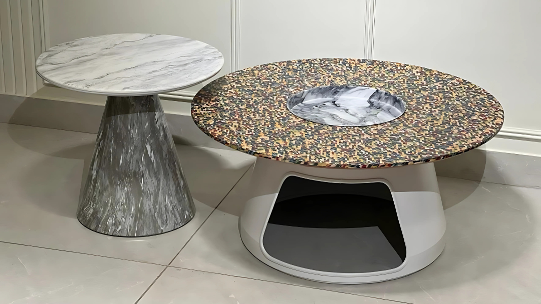 Dual center coffee table set with terrazzo and marble textures in an artistic luxury finish