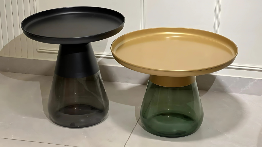 Luxury glass-based duo center coffee tables with matte black and gold tops