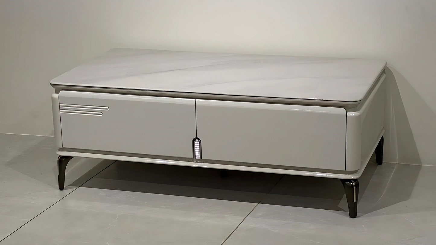 Elegant white center coffee table with marble top and brushed metal detail from TAS Living