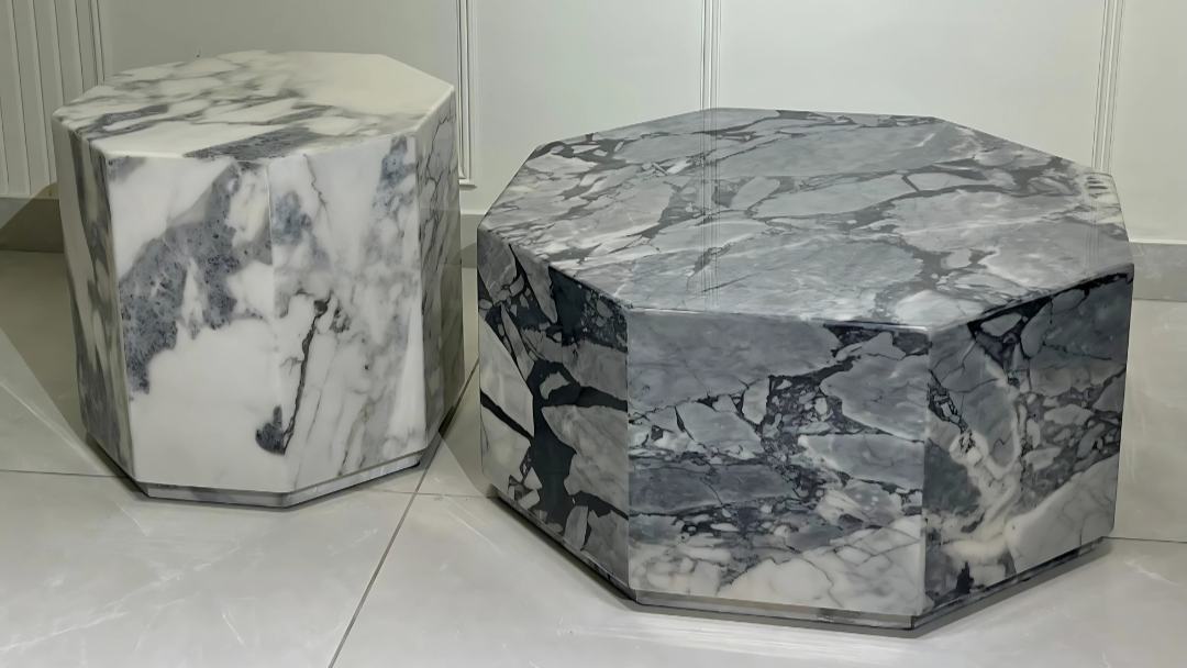Luxury octagonal marble coffee table set with bold geometric design.