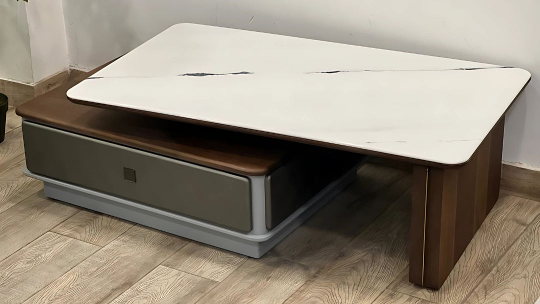 Revolving dual-level marble top center table set with wooden accent