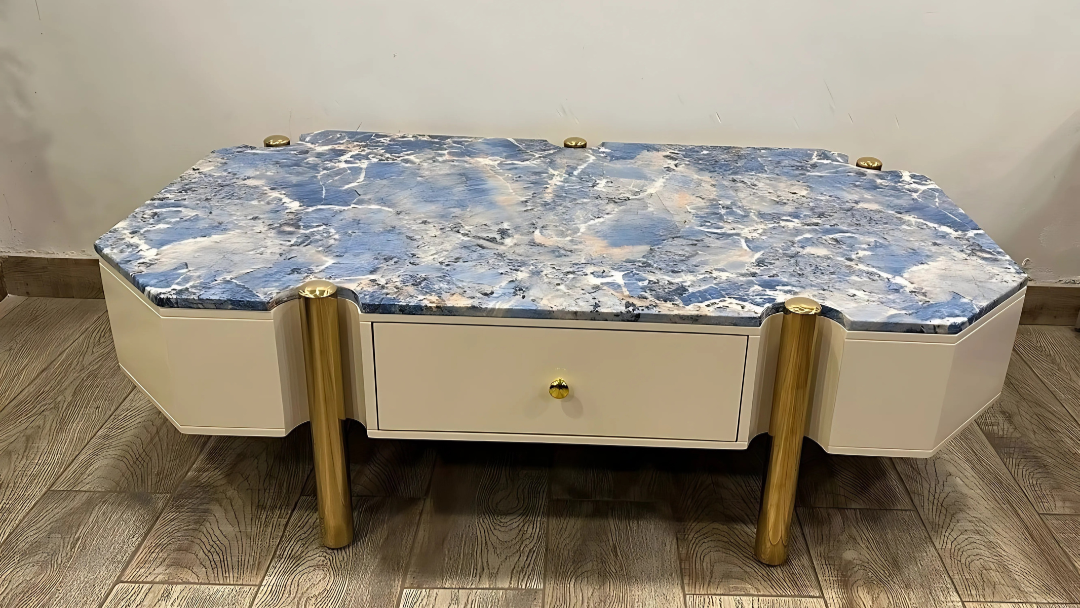 Blue marble luxury center coffee table with gold legs and drawer – Azure Crest by TAS Living