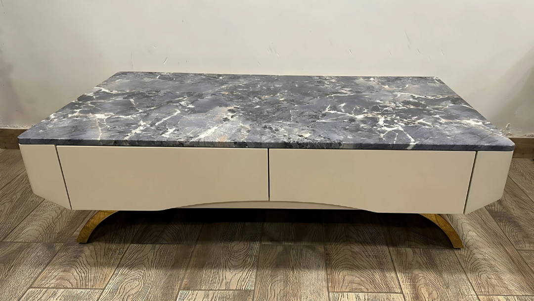 Rectangular marble top luxury center coffee table with brass curved base and cream body