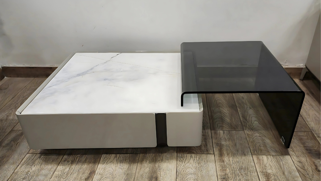Designer glass and marble luxury center coffee table with curved smoked glass overlay