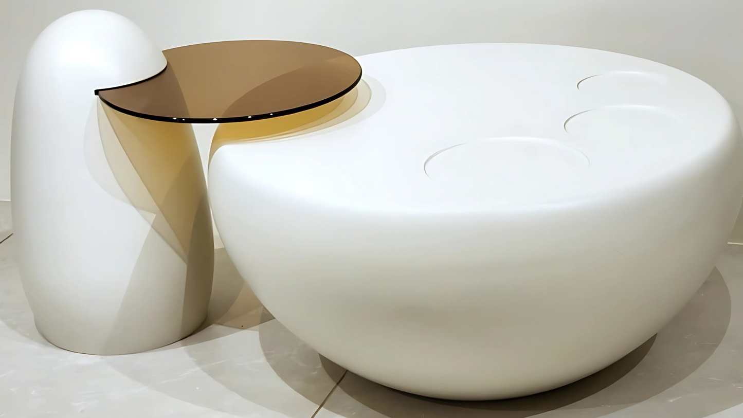 Modern sculptural white and bronze glass center coffee table with organic form – TAS Living