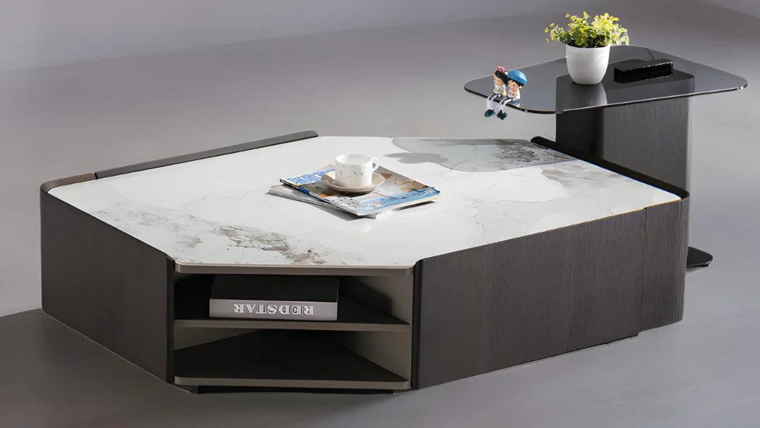 Modern dual geometric marble top center table with integrated storage