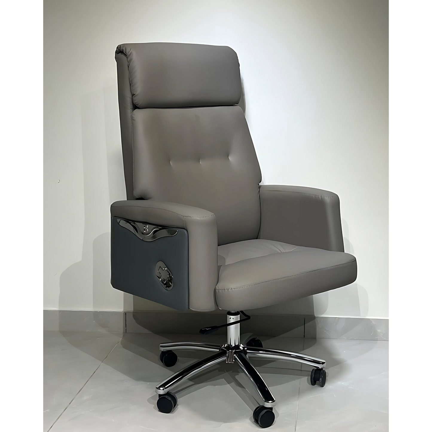 A gray upholstered office chair with a high back, armrests, and a five-point wheeled base.