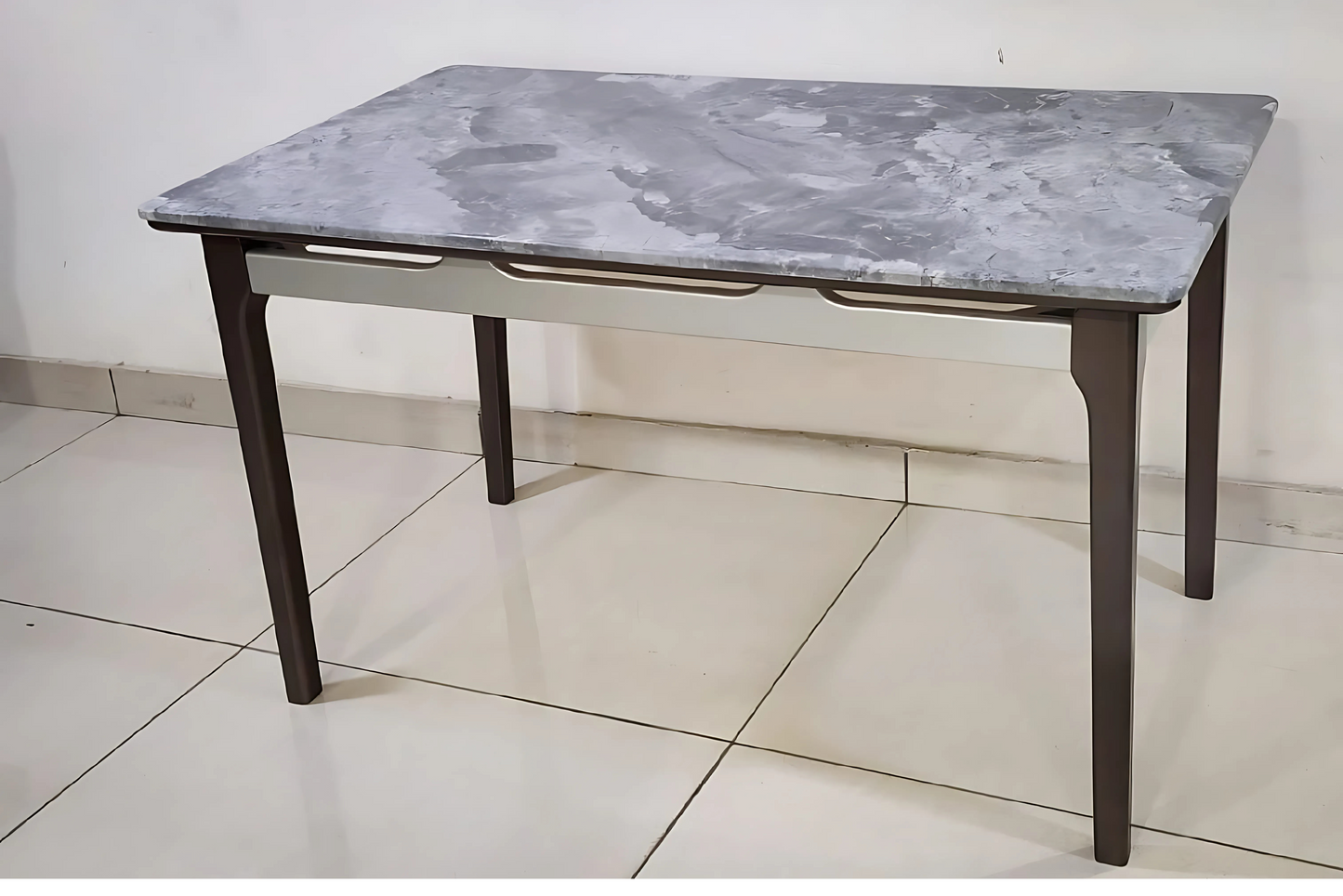 Minimalist grey marble dining table with wooden base and modern contours