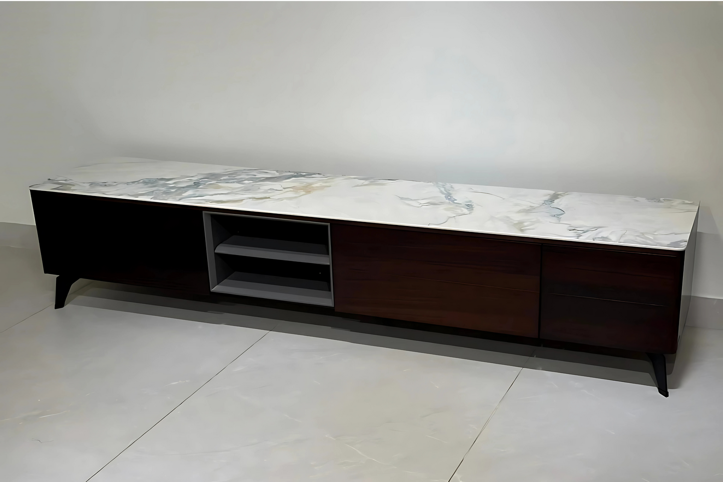 Luxury veined marble LED TV runner with dark-wood drawers and open shelves – Aurelius Vein LED Runner