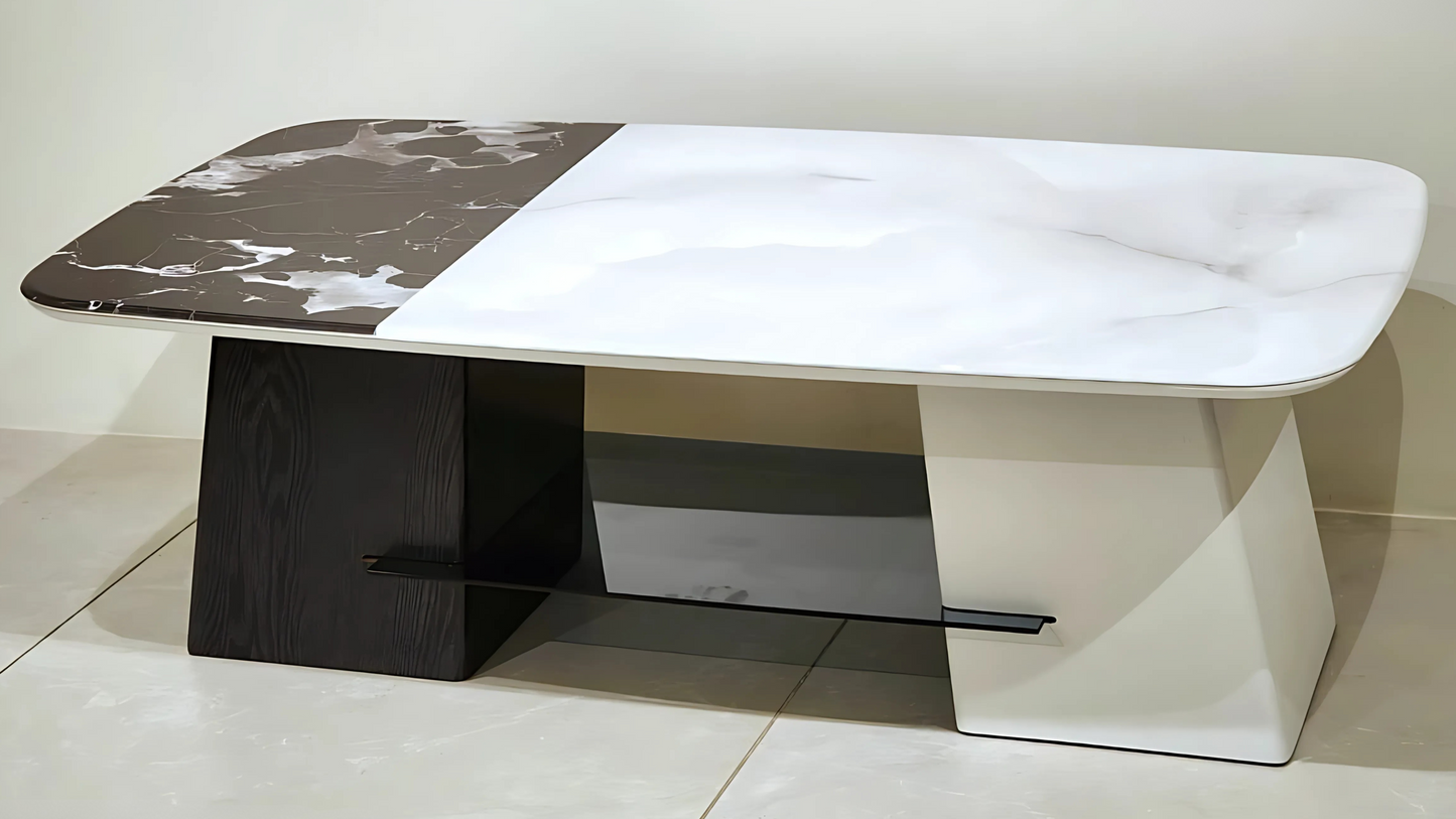 Rectangular dual marble-top center table with contrasting black and white base