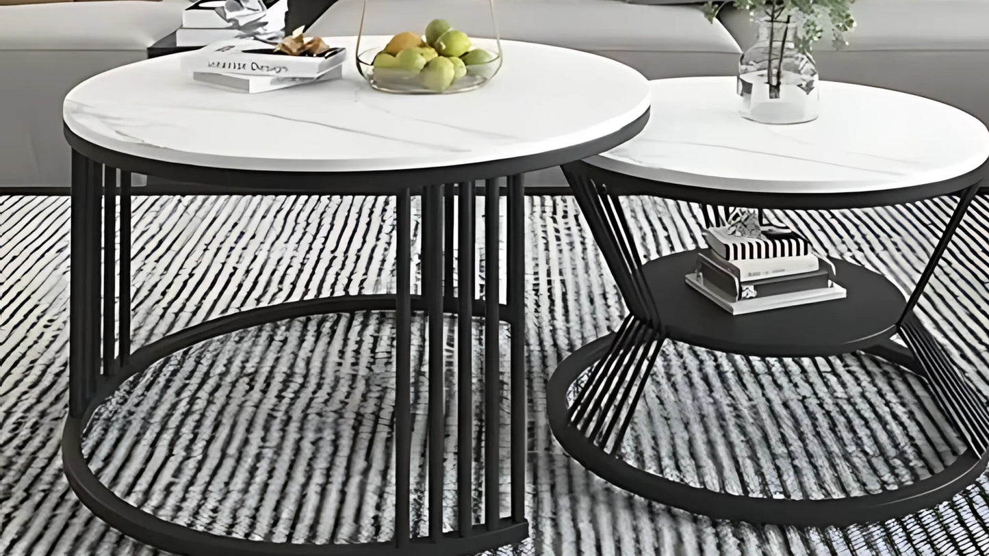 White marble and black metal grid base nested round center coffee table set – TAS Living