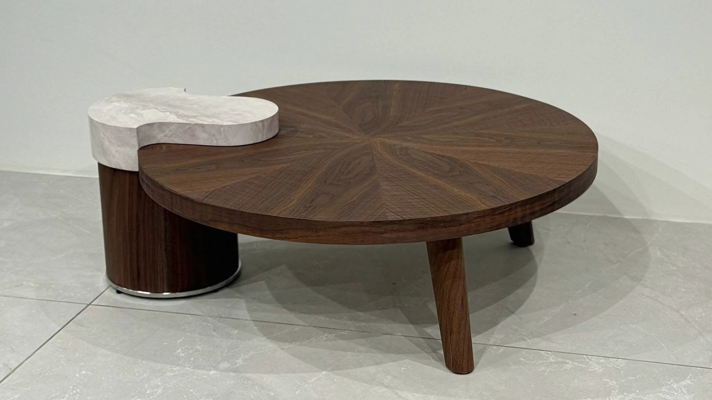 Luxury walnut and marble round center coffee table with sculptural curved white insert