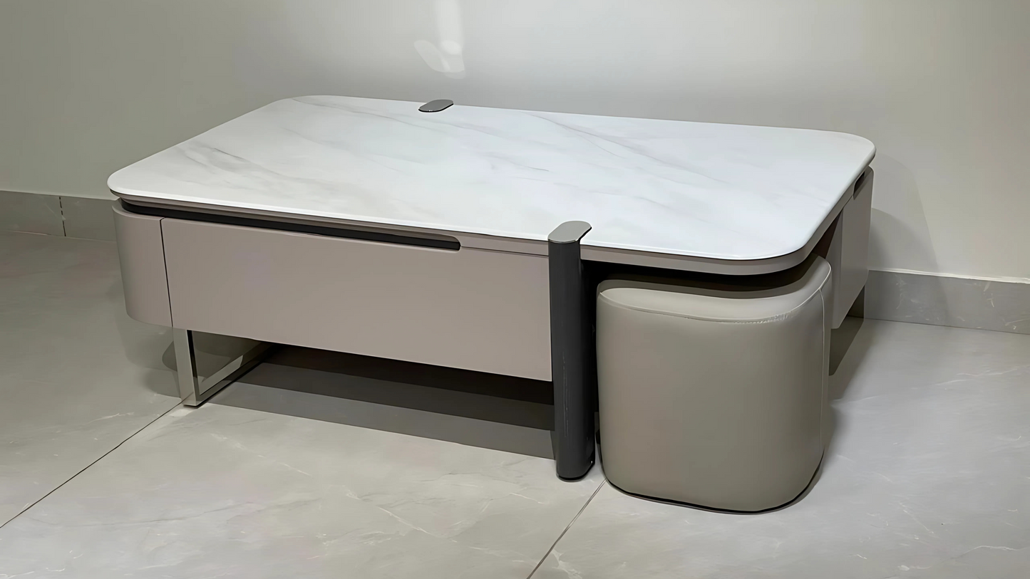 Elegant center coffee table with marble top and built-in taupe ottoman for luxury functional living