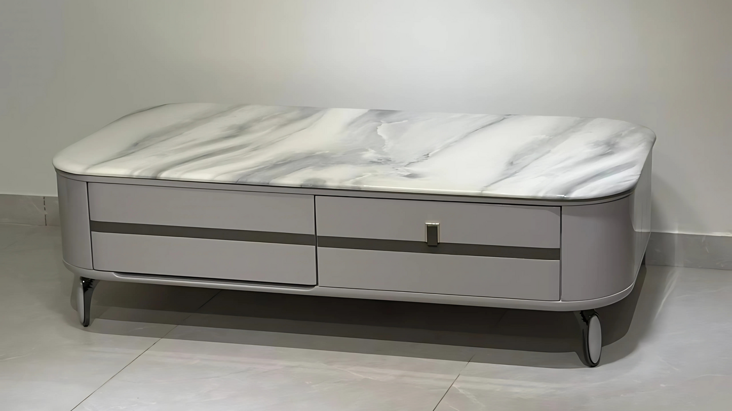 luxury marble top center table with soft rounded design and grey body