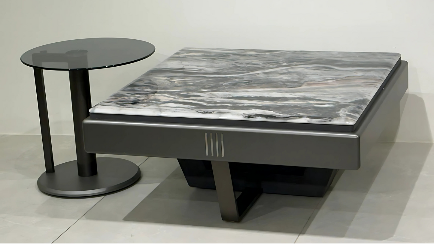 Grey veined marble and black metal designer square center coffee table set – TAS Living